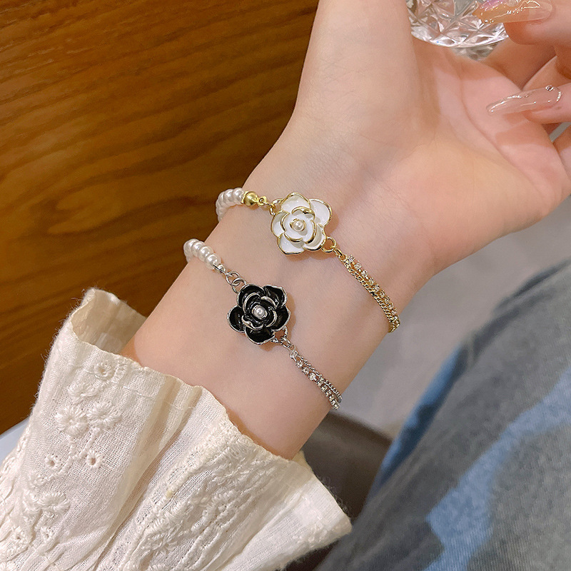 Black Camellia Crystal Chain Bracelet