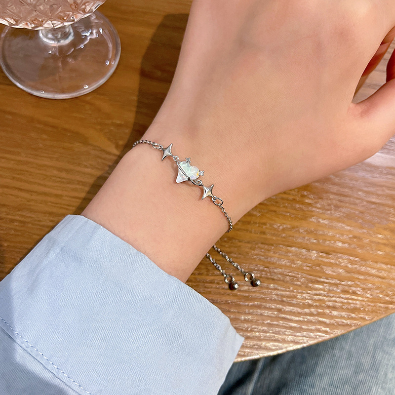 Silver Star Moon Opal Charm Chain Bracelet