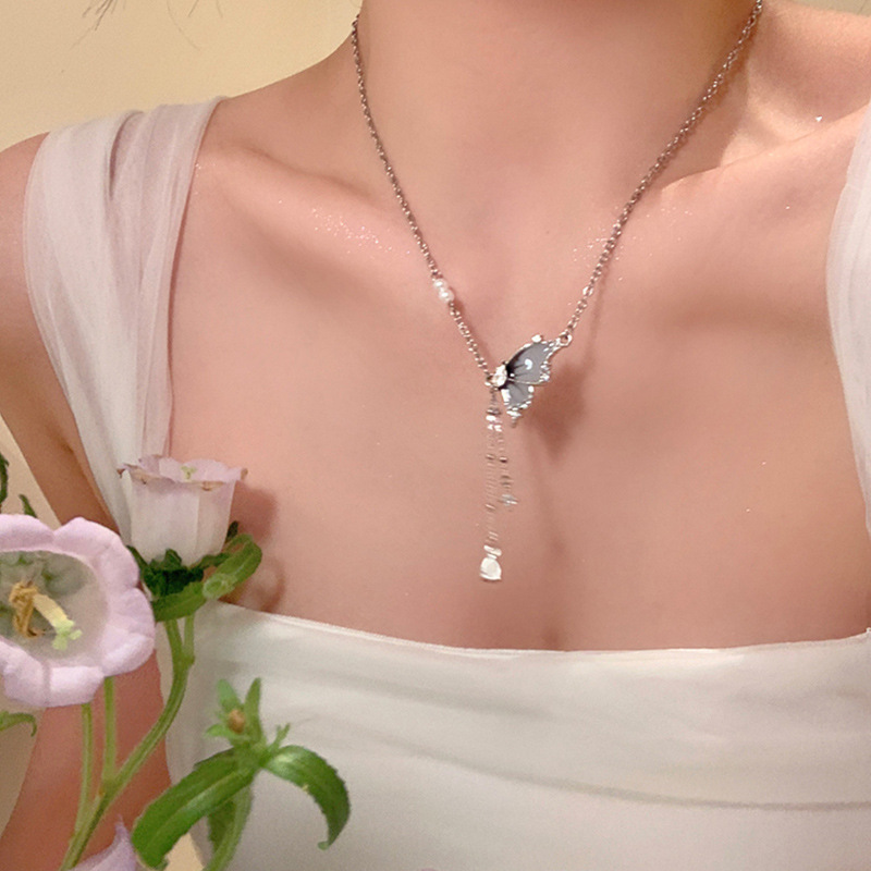 Silver Blue Butterfly Tassel Pendant Necklace