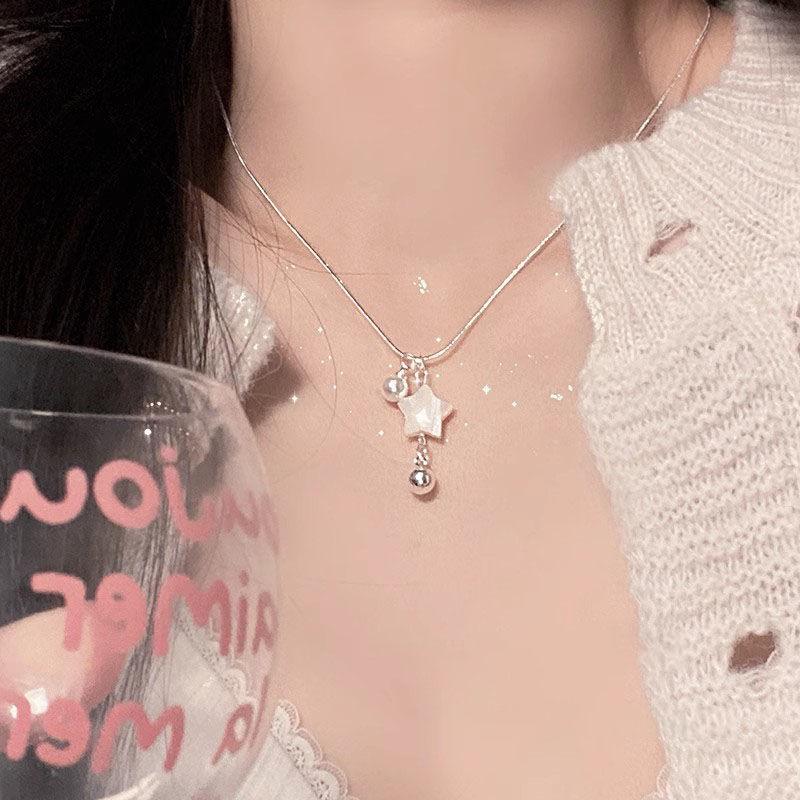 Silver Shell Star Pearl Drop Pendant Necklace