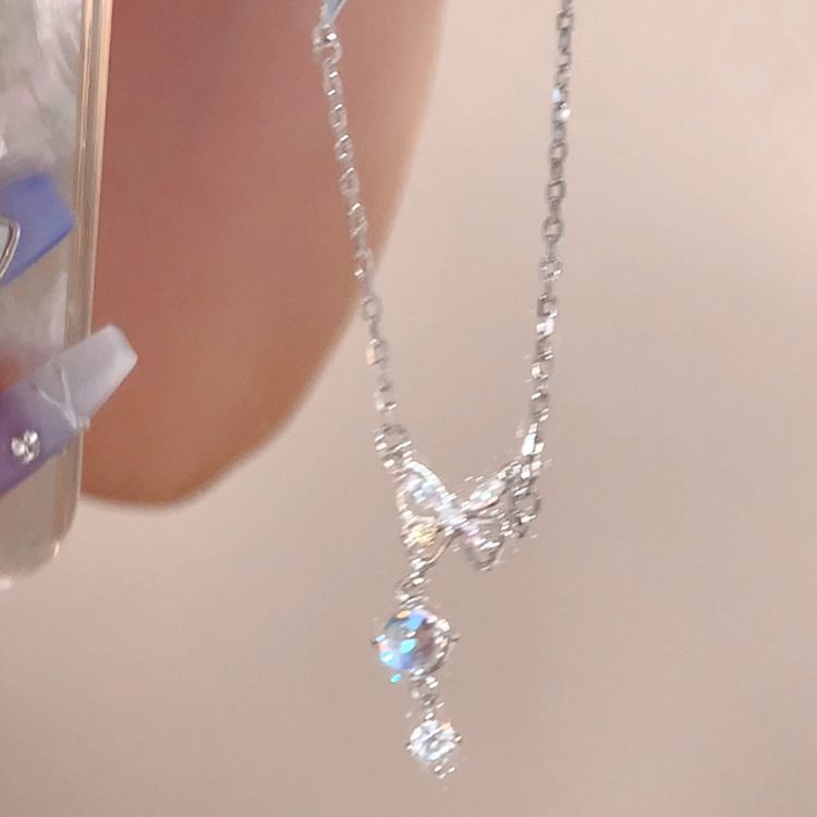 Silver Crystal Butterfly CZ Drop Pendant Necklace