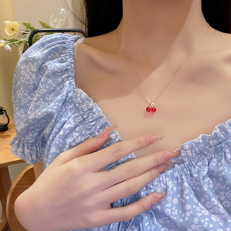 Gold Red Cherry Pendant Necklace