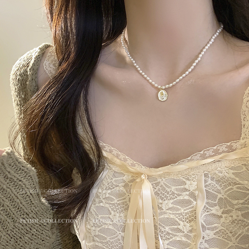 Gold Rose Pearl Coin Pendant Necklace