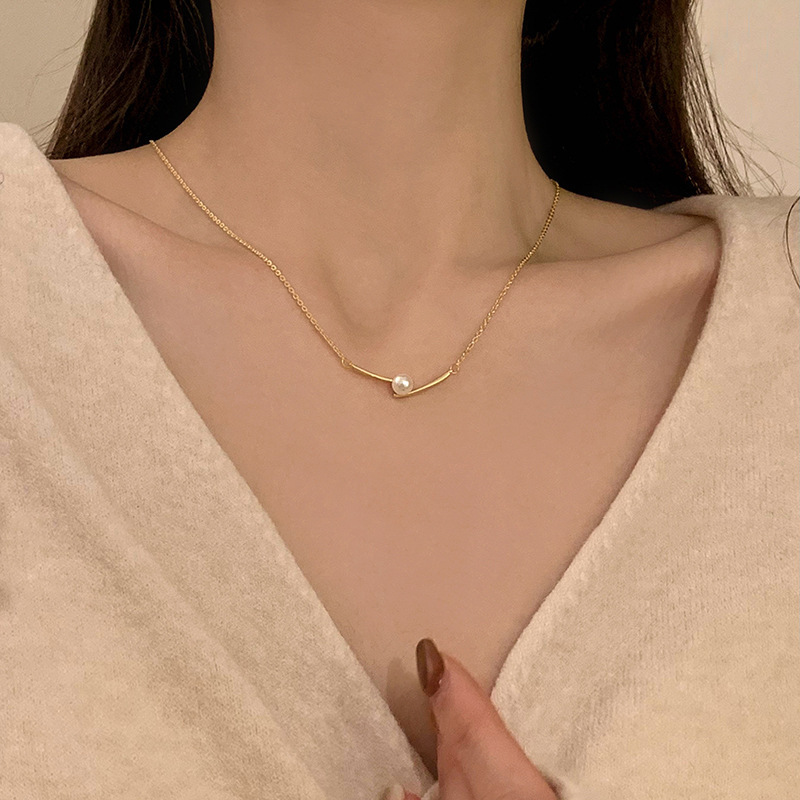 Gold Single Pearl Bar Pendant Necklace