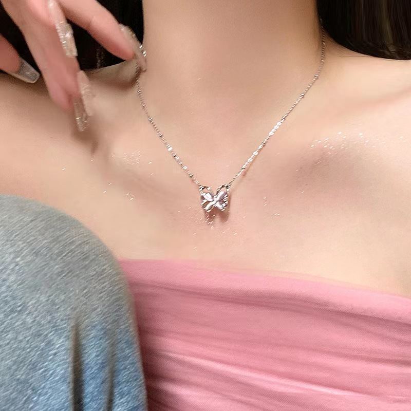 Silver Pink Butterfly Charm Pendant Necklace