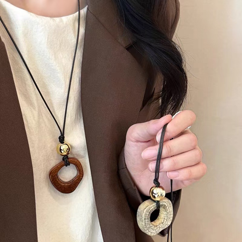 White Imitation Bone Ring Cord Long Necklace