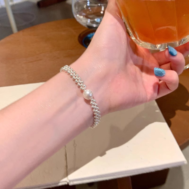 Silver Woven Pearl Accent Beaded Bracelet