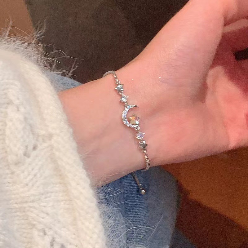Silver Zircon Star Moon Crescent Chain Bracelet