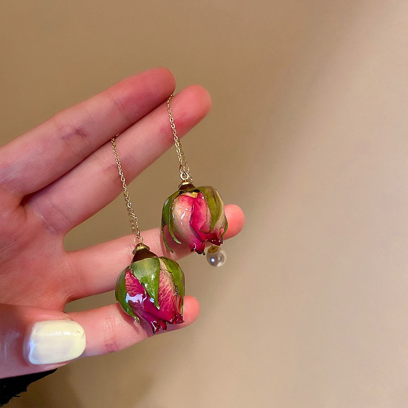Fuchsia Rosebud Resin Teardrop Drop Earring