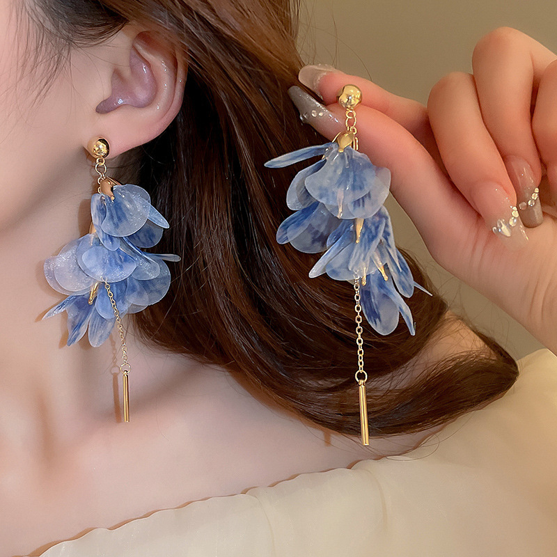 Powder Blue Organza Petal Gold Tassel Drop Earring