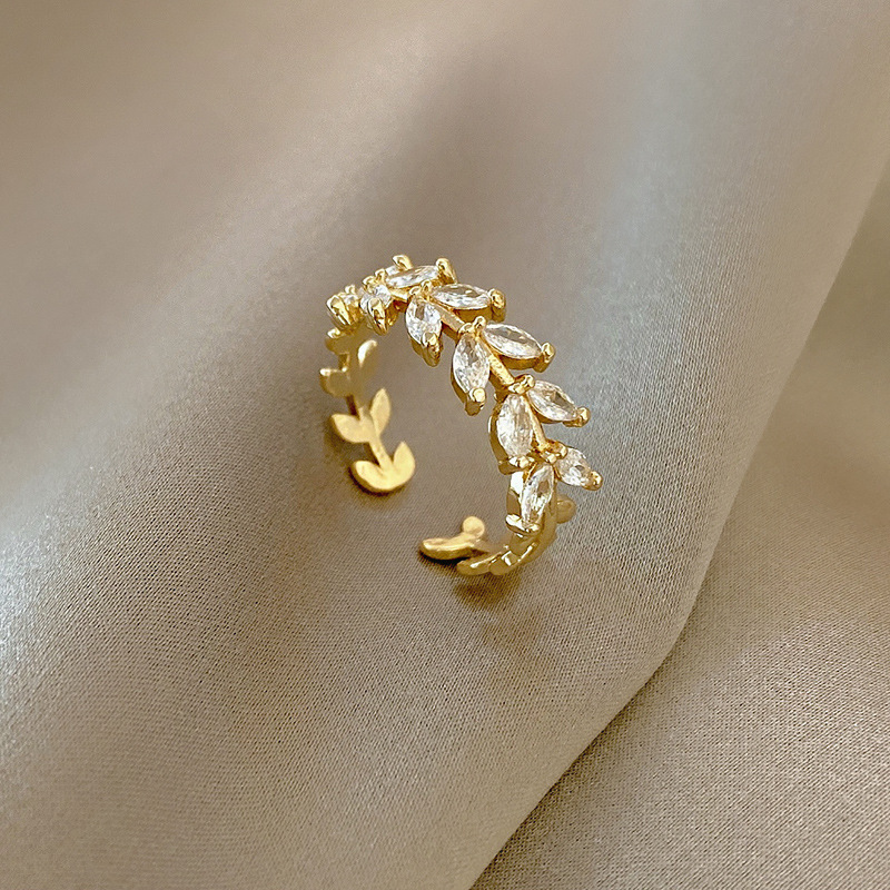 Gold Marquise Crystal Leaf Wreath Open Ring