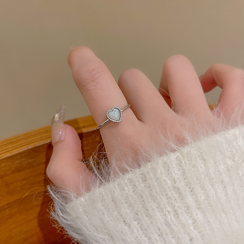 Silver Opal Heart Scallop Ring