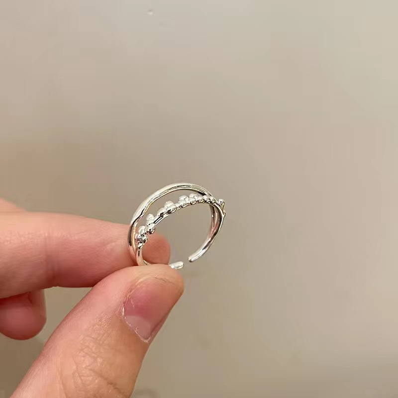 Silver Double Arc Bead Open Ring