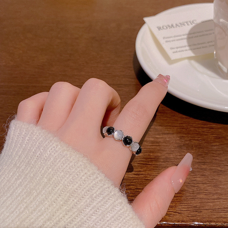 Silver Black and White Cat Eye Stone Band Ring