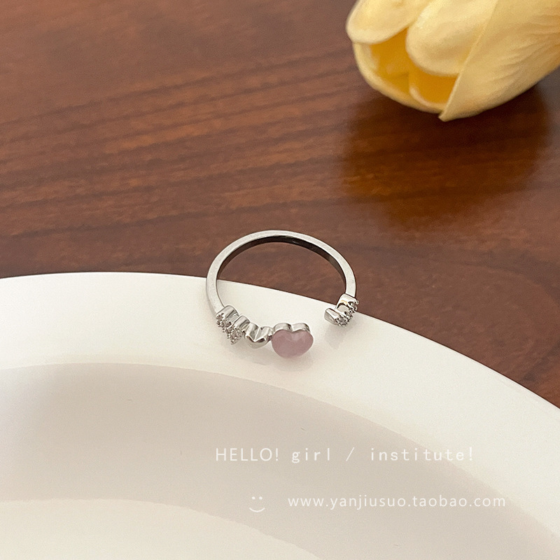 Silver Pink Heart Stone Crystal Open Ring