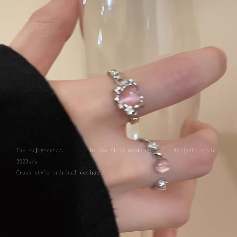 Silver Crystal Crown Pink Heart Cluster Ring