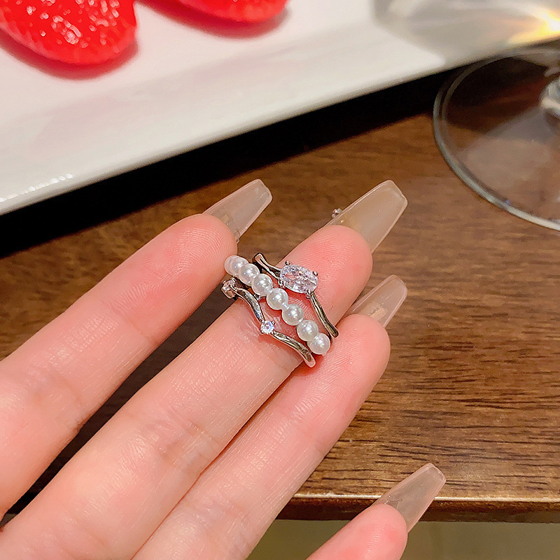 Silver Triple Layer Pearl Crystal Open Ring
