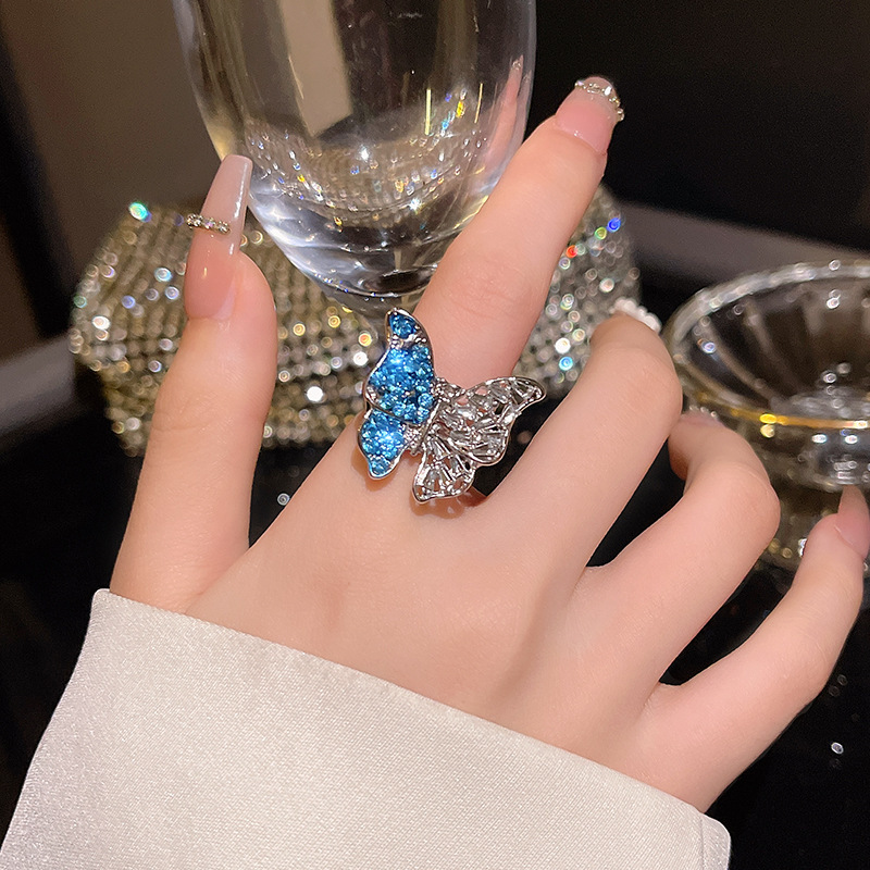 Silver Blue Crystal Butterfly Statement Ring