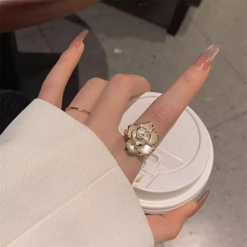Gold White Camellia Pearl Statement Ring