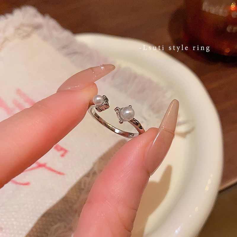 Silver Double Pearl Tip Open Ring