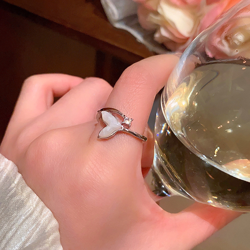 Silver White Heart Opal Fishtail Open Ring