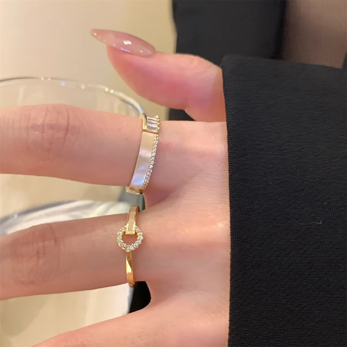 Gold Baguette Bar Circle Two Piece Ring Set