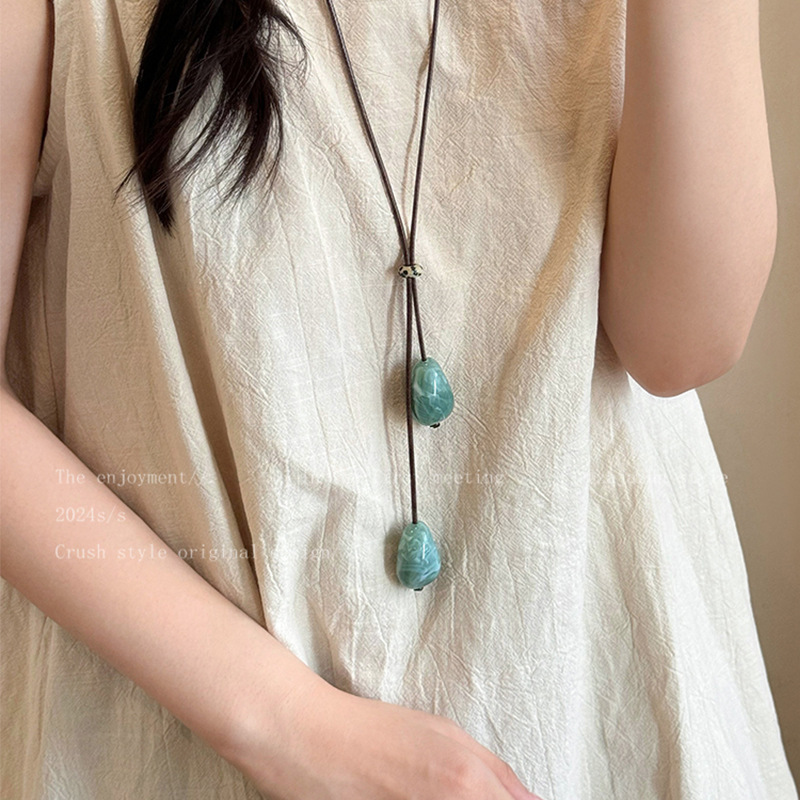 Green Stone Bohemian Cord Long Necklace