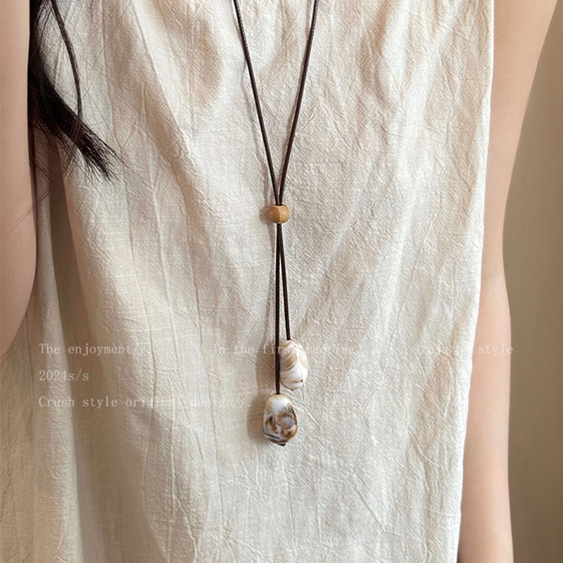 Cream Stone Bohemian Cord Long Necklace