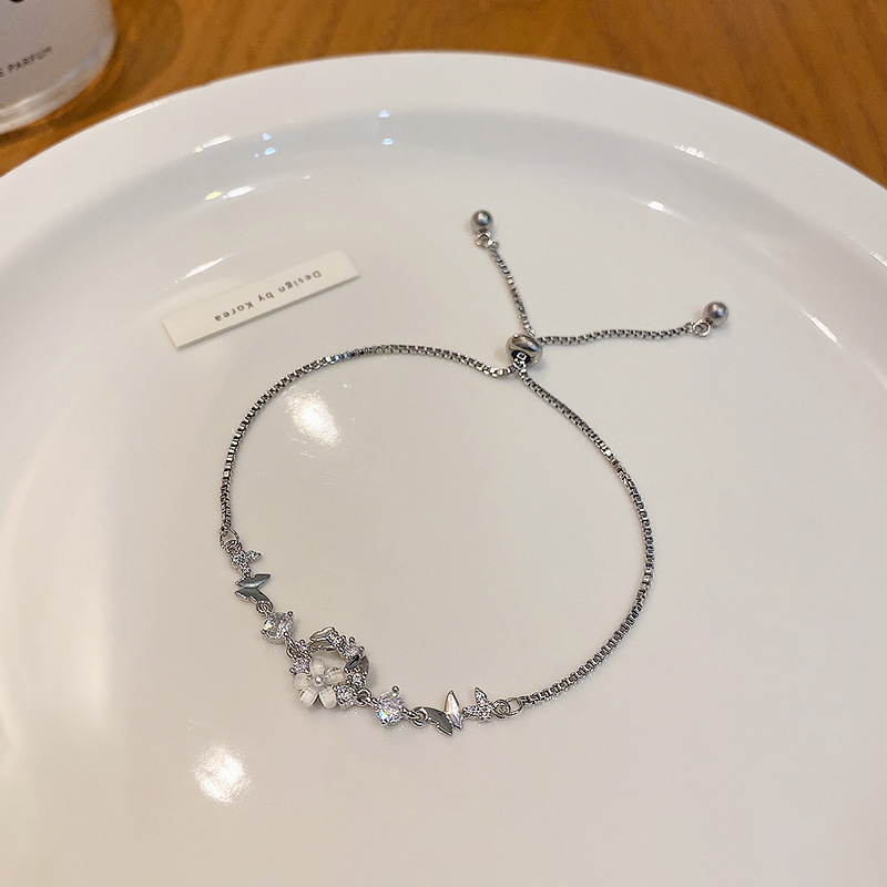 Silver Crystal Flower Adjustable Chain Bracelet