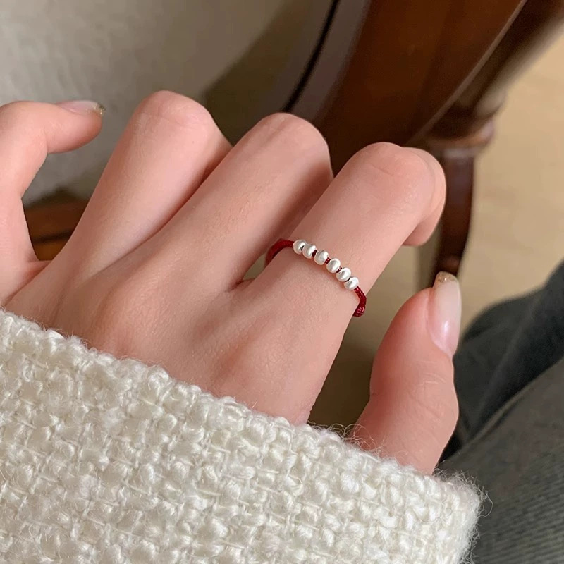 Red Cord Silver Bead Lucky Ring