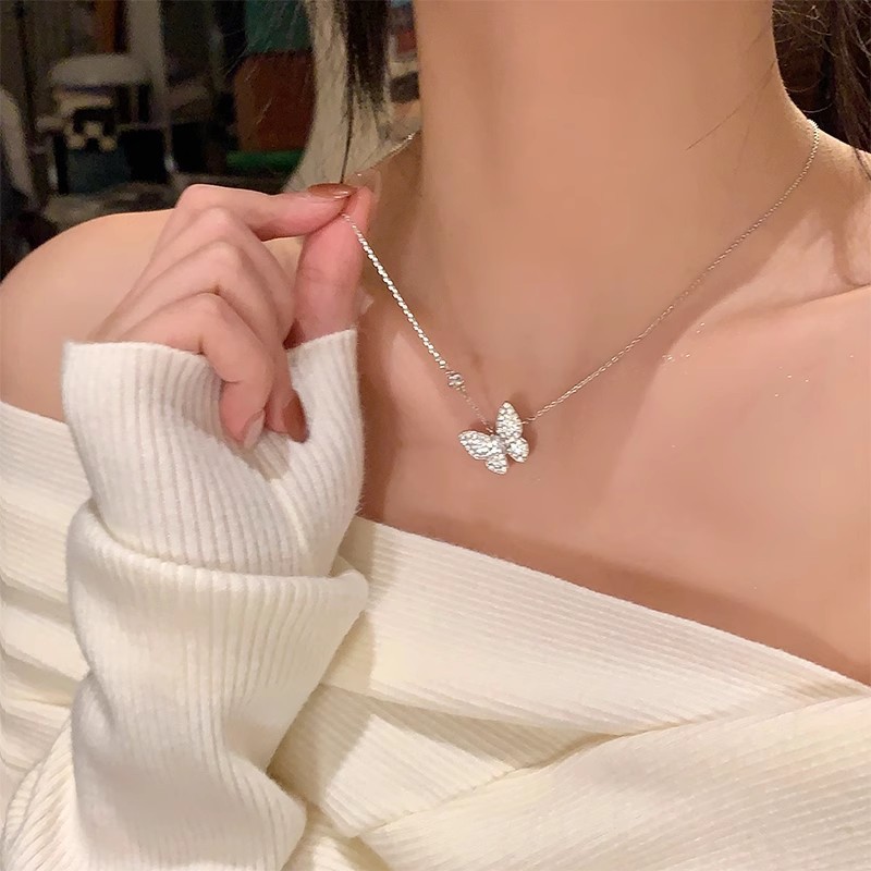 Silver Pave CZ Butterfly Pendant Necklace