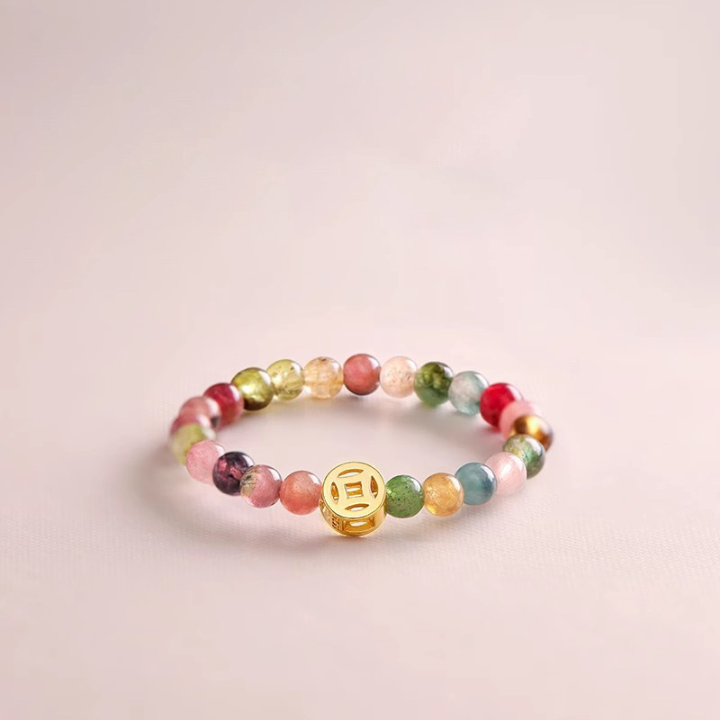 Multicolor Tourmaline Bead Coin Gold Stretch Ring