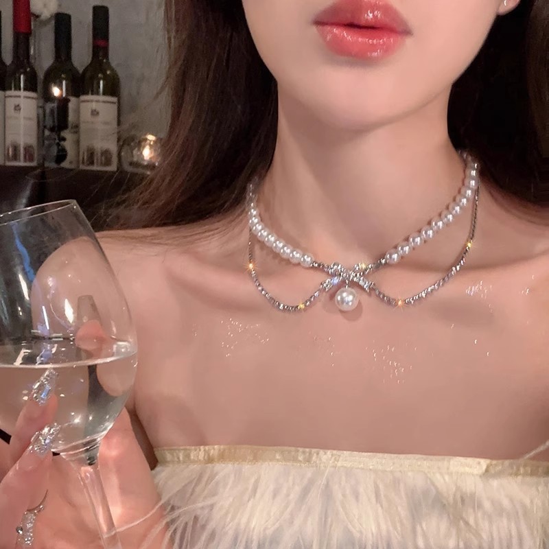 Silver Pearl Cross Bow Choker Necklace