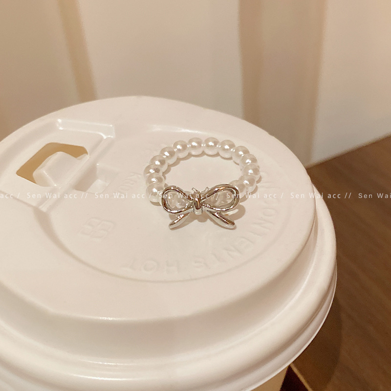 Silver Bow Knot Pearl Stretch Ring