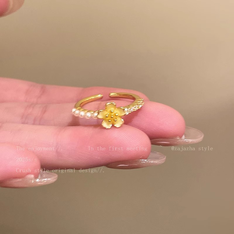 Gold Cherry Blossom Pearl Bead Open Ring