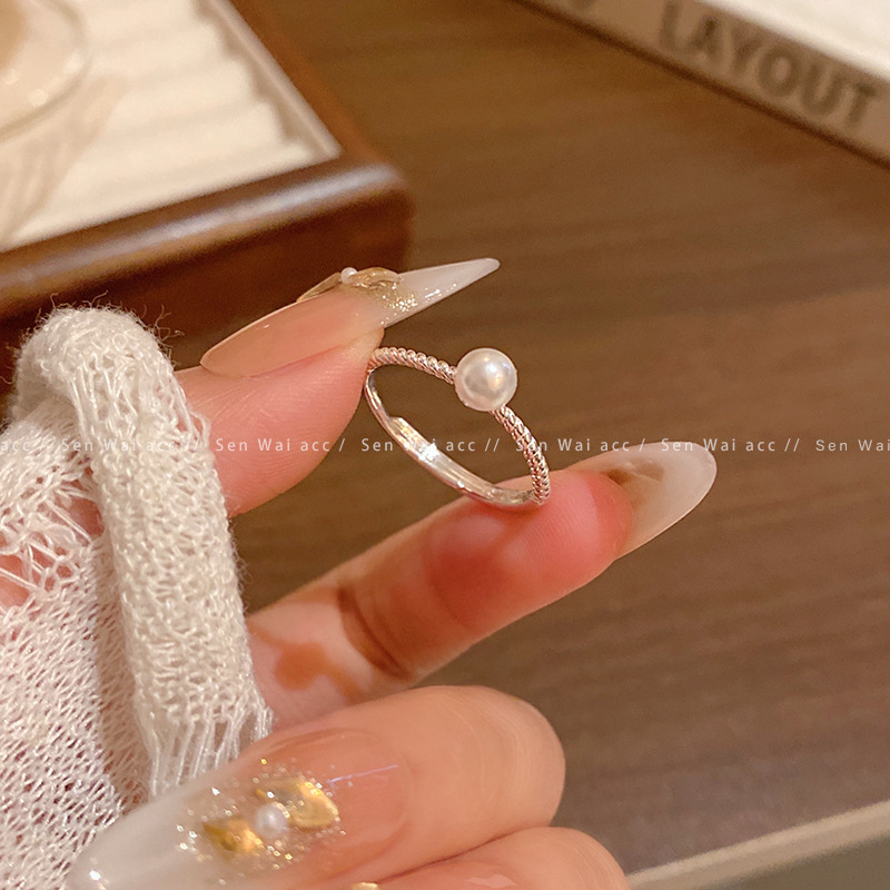 Silver Twisted Pearl Tip Open Ring