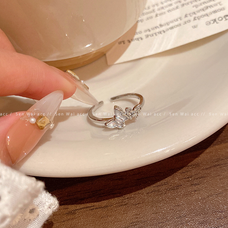 Silver Crystal Butterfly Heart Open Ring
