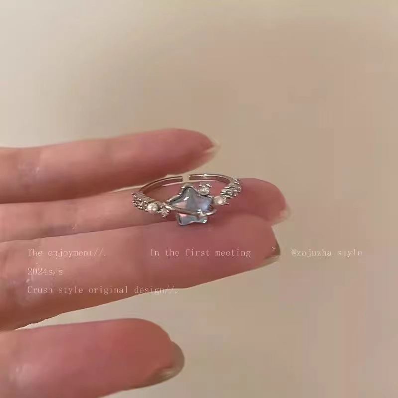 Silver Blue Star Pearl Double Open Ring