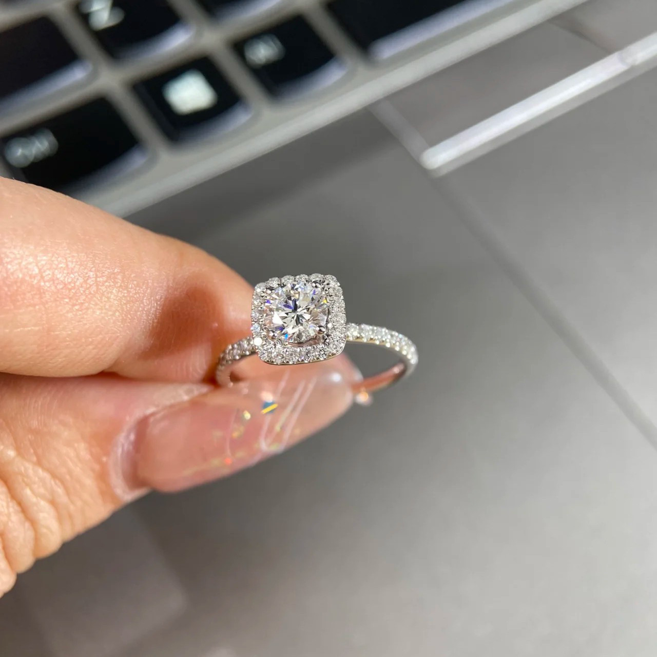 Silver Square Cushion Halo CZ Ring