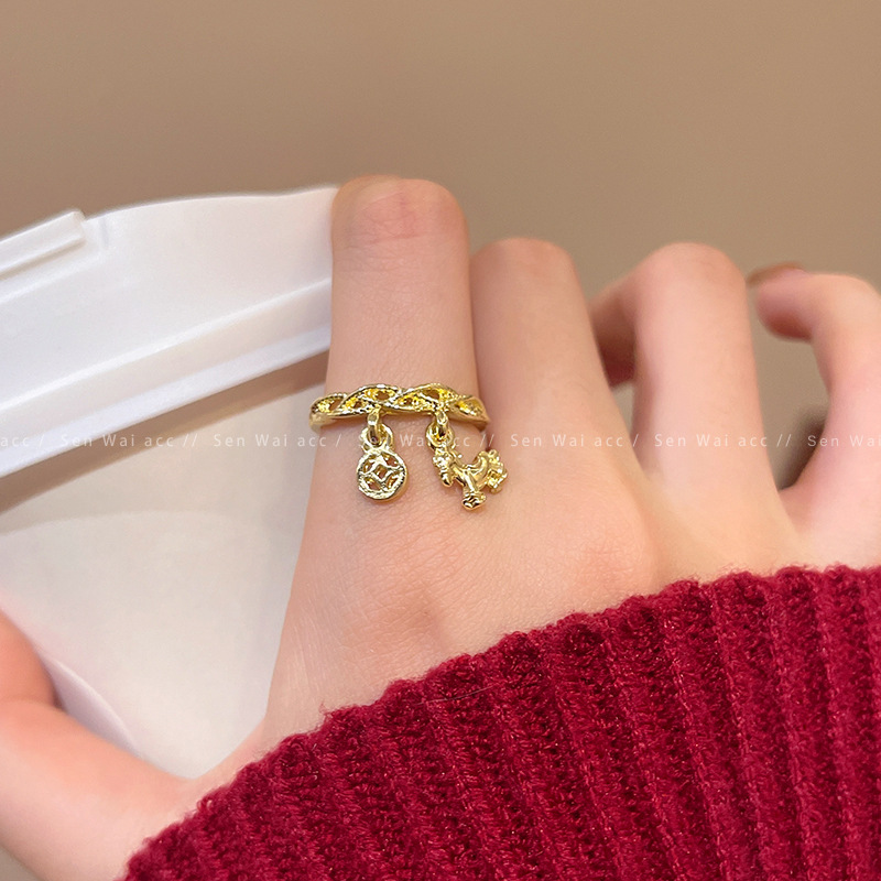 Gold Fortune Coin Pixiu Charm Band Ring