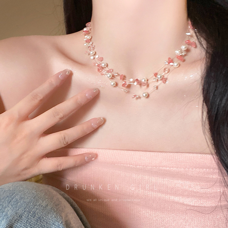 Pink Crystal Pearl Layered Beaded Necklace