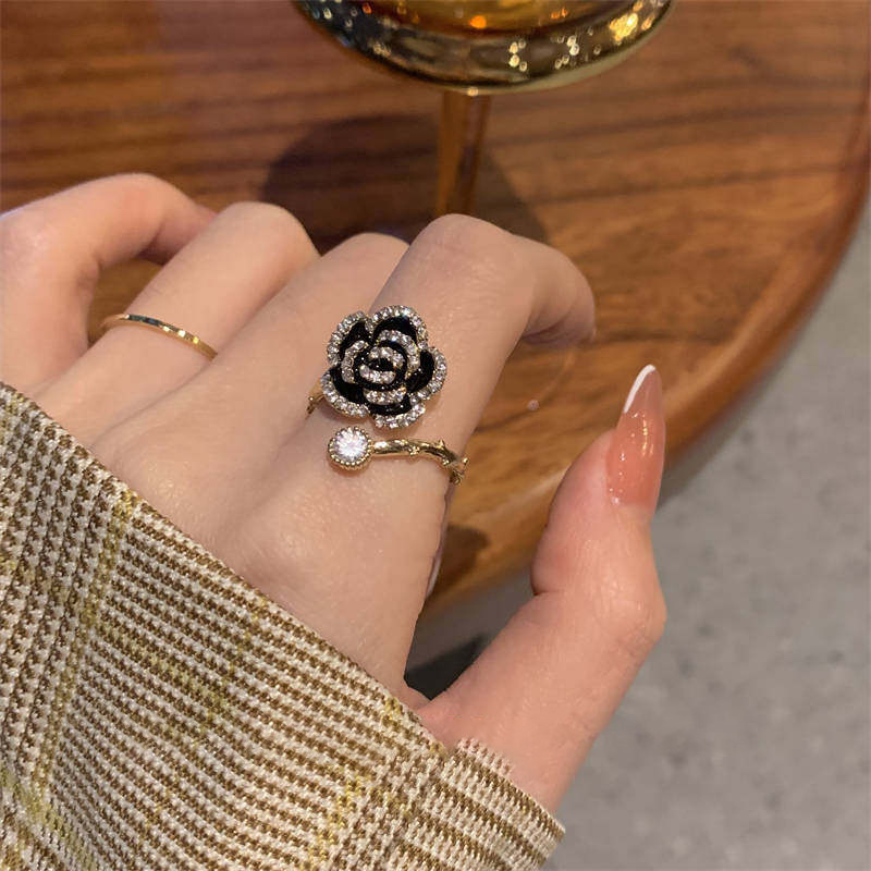 Gold Black Camellia Crystal Open Ring