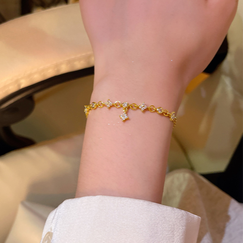 Gold Zircon Star Cluster Charm Chain Bracelet