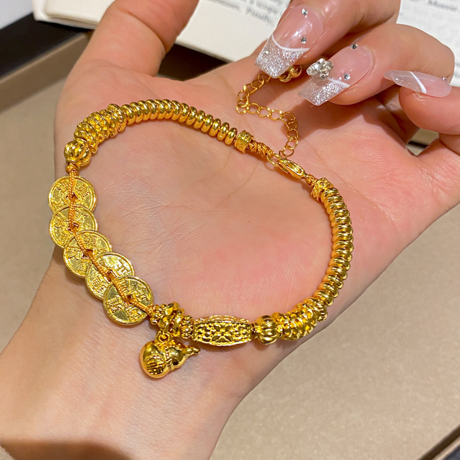 Gold Lucky Coin Gourd Charm Beaded Bracelet