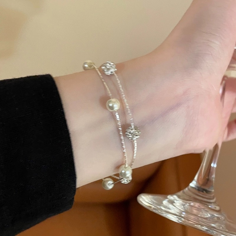 Silver Star Cluster Double Layer Pearl Bracelet