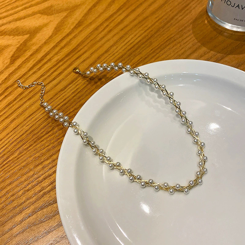 Gold Pearl Woven Chain Collar Necklace