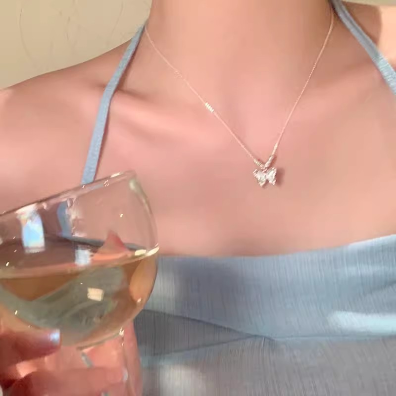 Silver Cat Eye Butterfly CZ Pendant Necklace