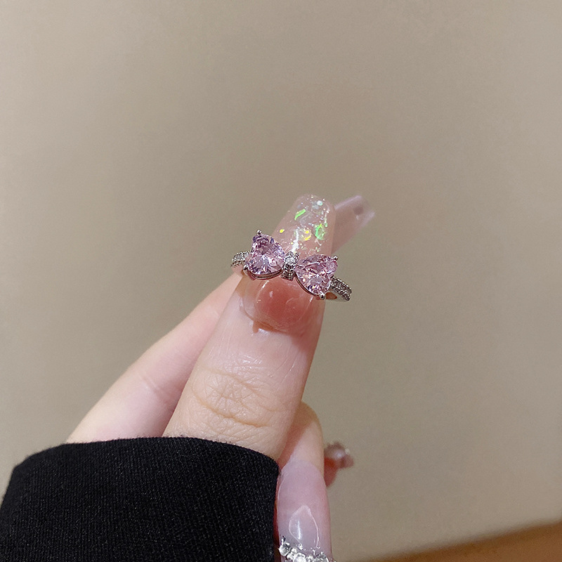 Silver Pink Heart Crystal Cluster Ring