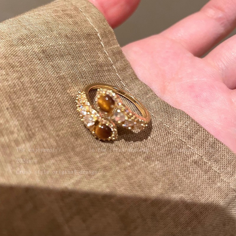 Gold Tiger Eye Three Stone Cluster Open Ring