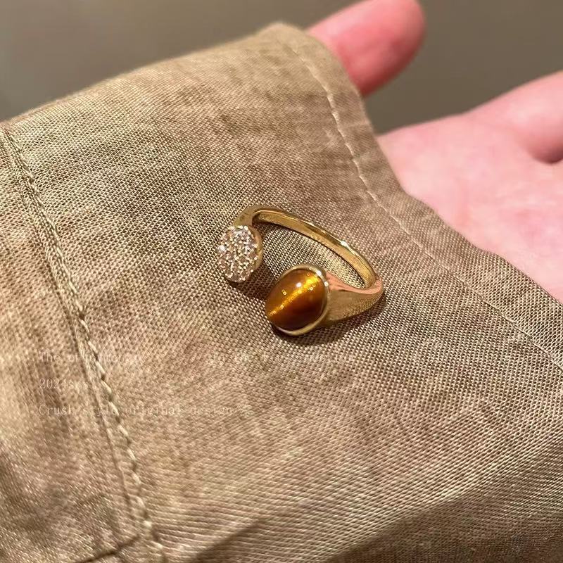 Gold Tiger Eye Crystal Duo Open Ring